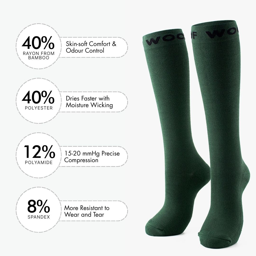 Studio shot of the solid Fern Green Bamboo Compression Socks standing upright beside a material breakdown panel detailing the fabric composition mix: 40% bamboo viscose, 40% fine nylon, 12% elastane precision compression, and 8% elastic.   
