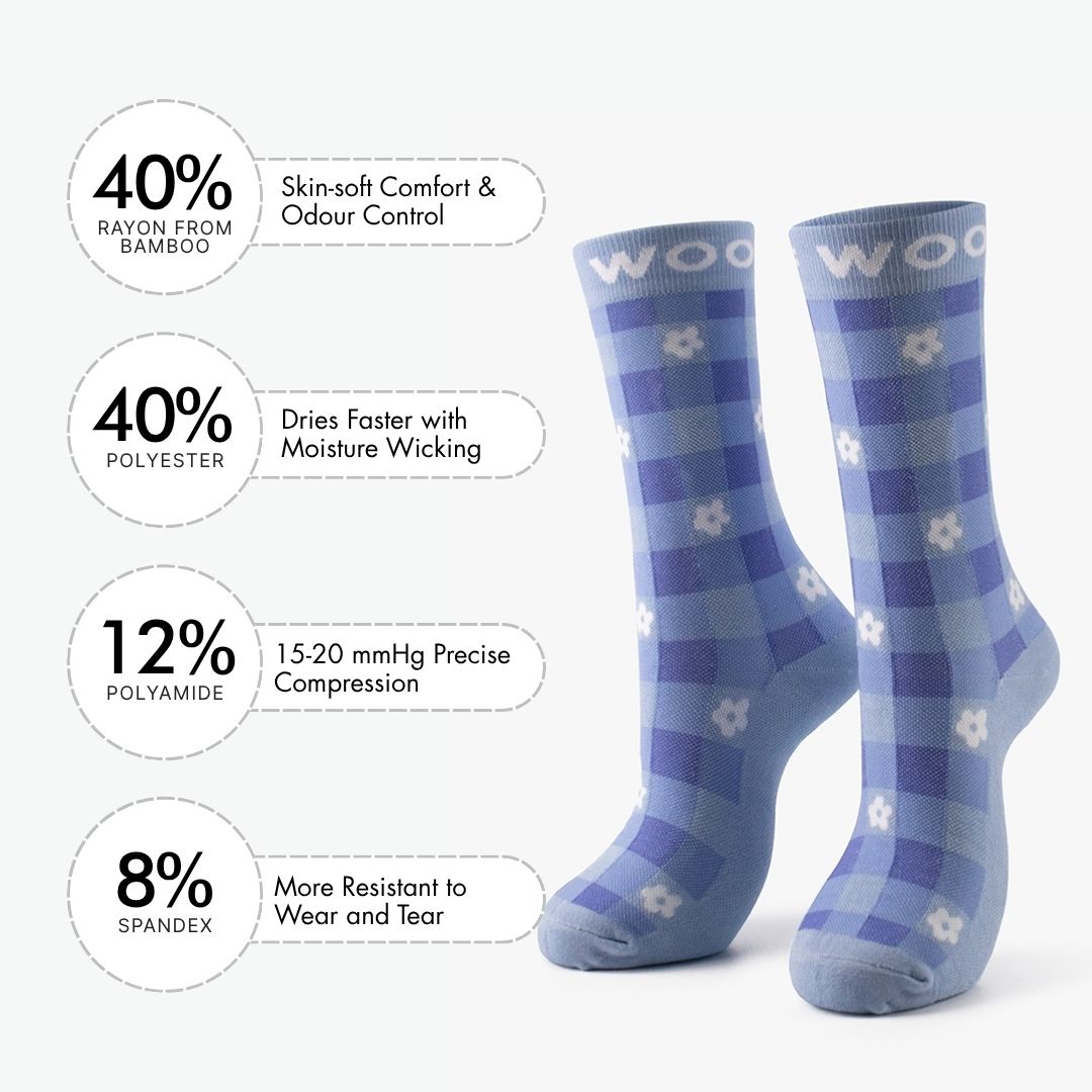 A Floral Gingham Bamboo Crew Compression Socks accompanied by a material breakdown panel detailing the fabric mix: 40% bamboo viscose (breath comfort & odor control), 40% nylon (easy care & moisture wicking), 12% polyester (12-15mmHg precise compression), and 8% elastane (wear resistant to heel and toe).  