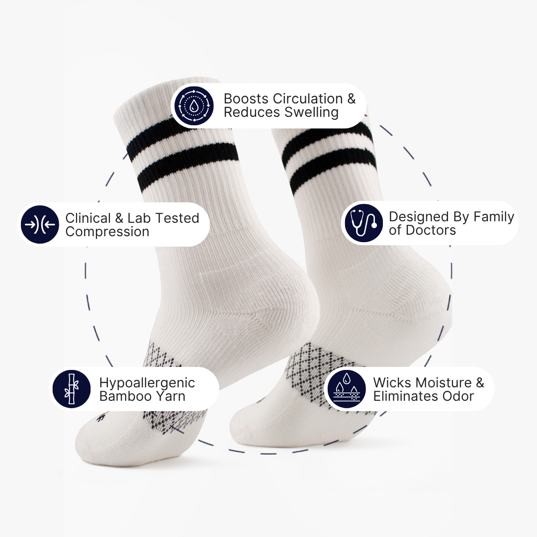 Infographic highlighting key features around solid white crew-cut compression socks with black stripes.