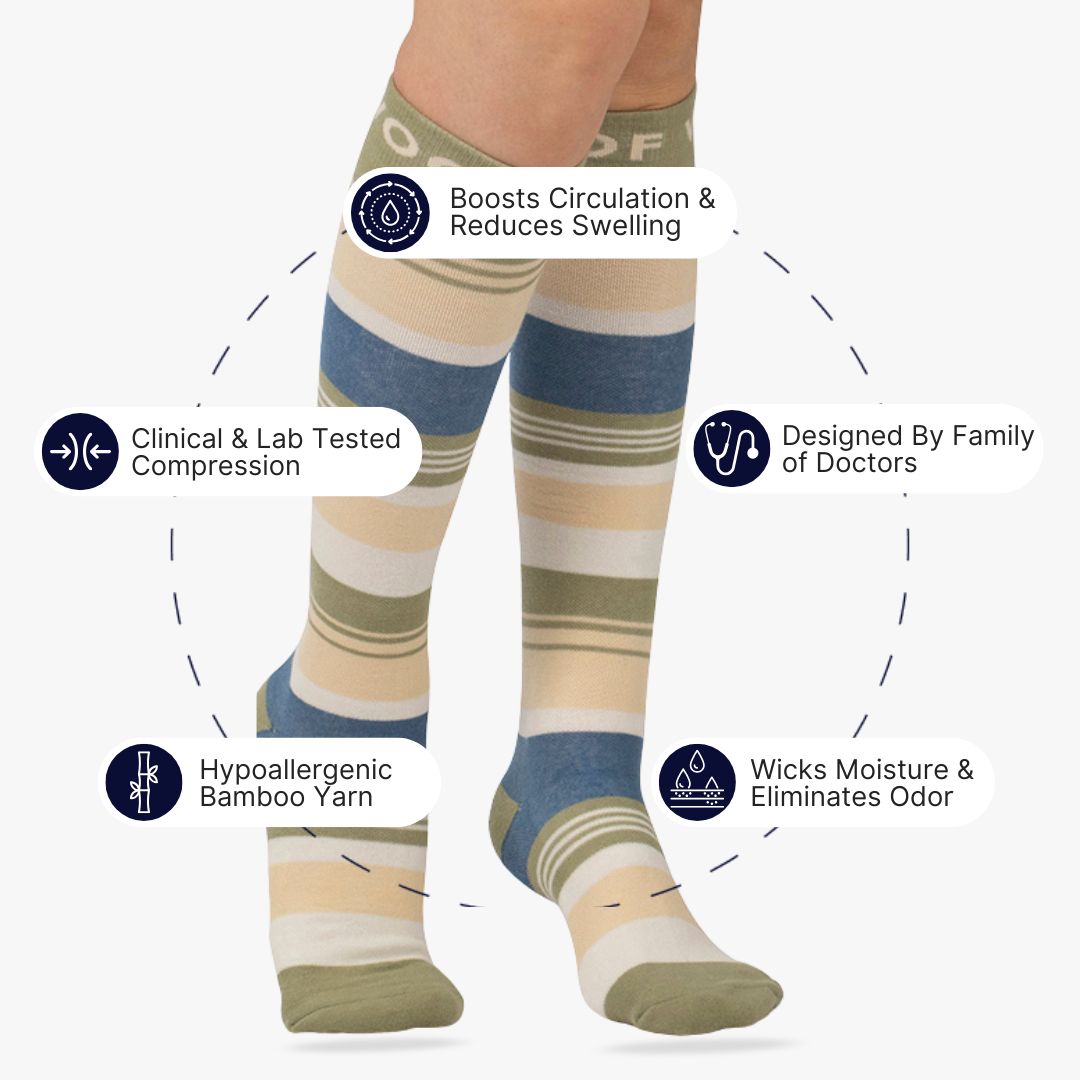 Infographic highlighting key features around striped knee-high compression socks in earth tones.